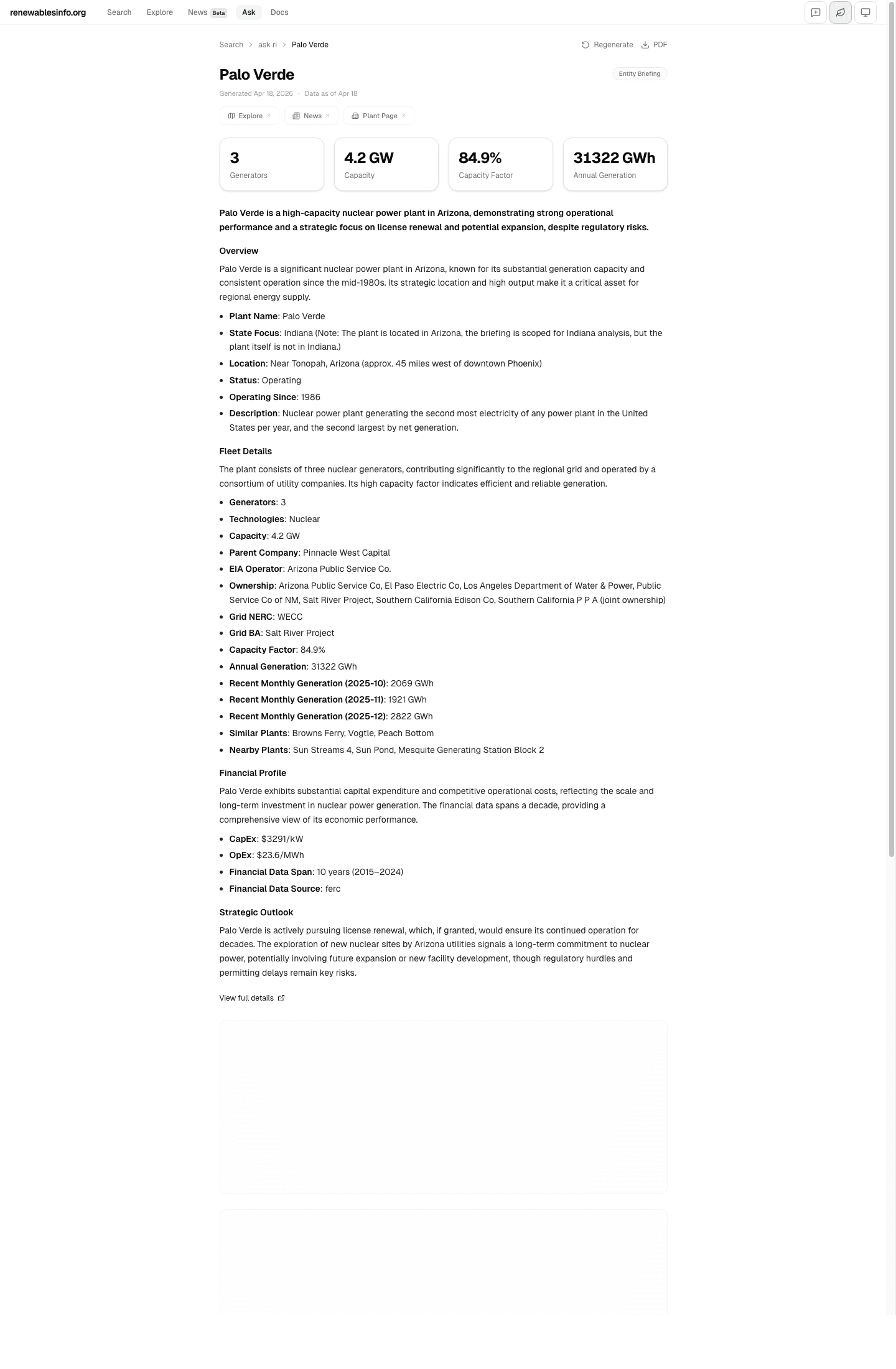 Entity briefing for Palo Verde showing KPI cards (3 generators, 4.2 GW capacity, 84.9% capacity factor, 31,322 GWh generation), executive summary, and fleet details