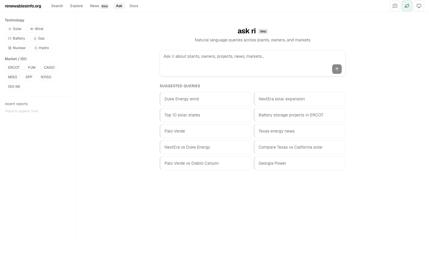 ask ri landing page showing the query input, technology and market sidebar filters, and suggested queries