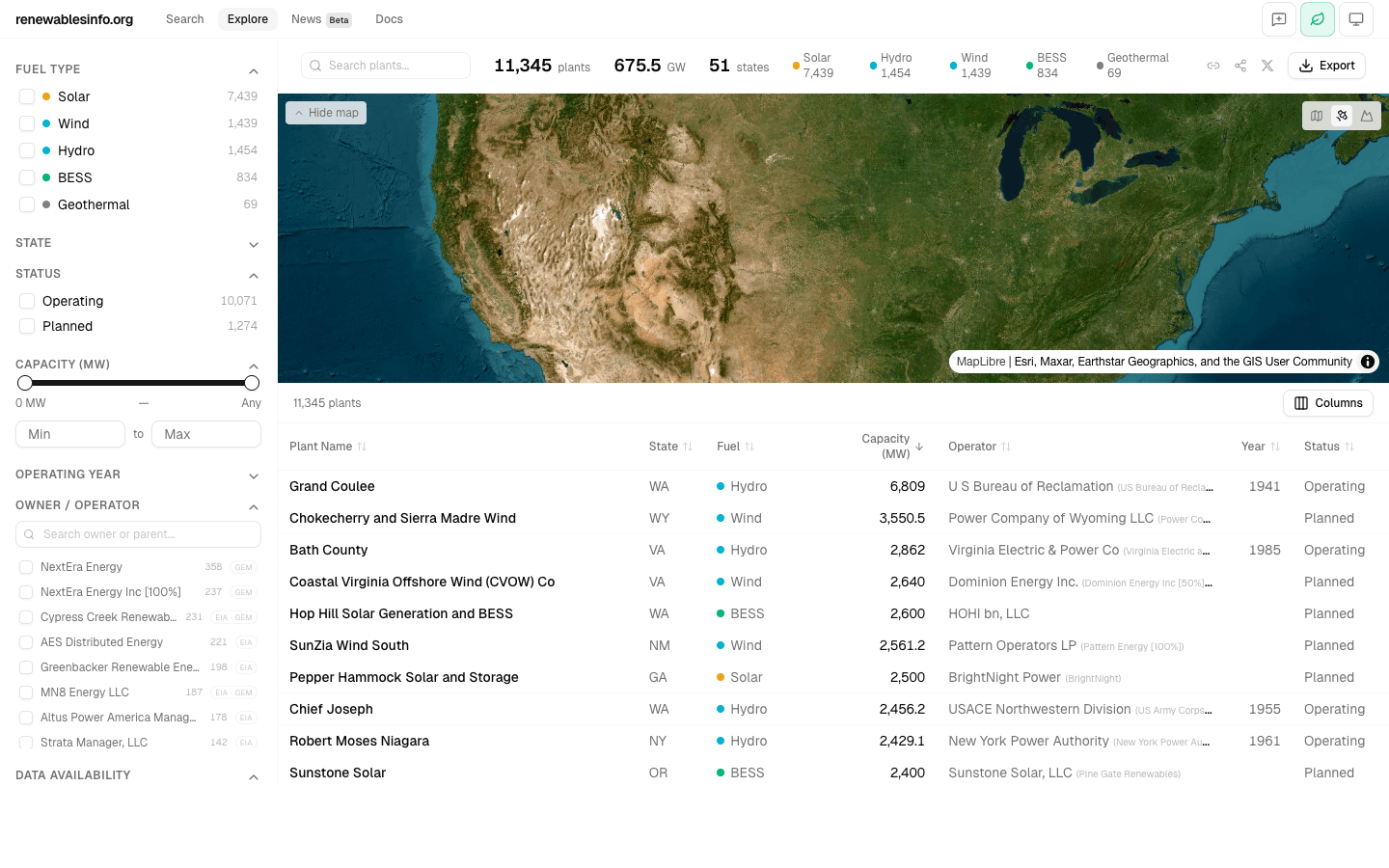 Explore page showing sidebar filters, interactive map with clustered plant markers, KPI bar, and sortable plant table