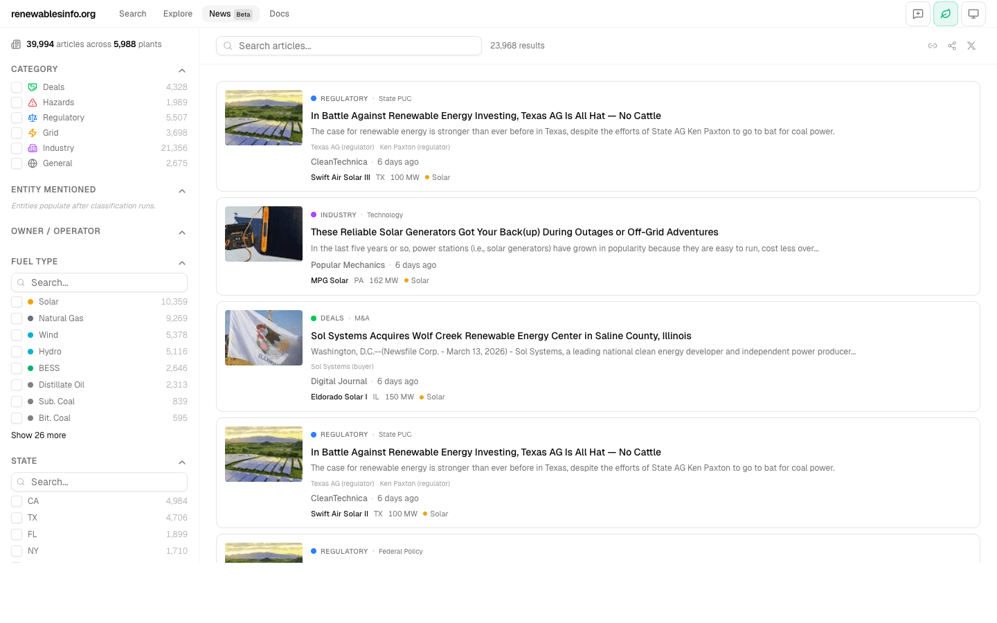 News hub showing sidebar filters (category, entity, owner, fuel type, state) and article feed with thumbnails, category badges, and plant links