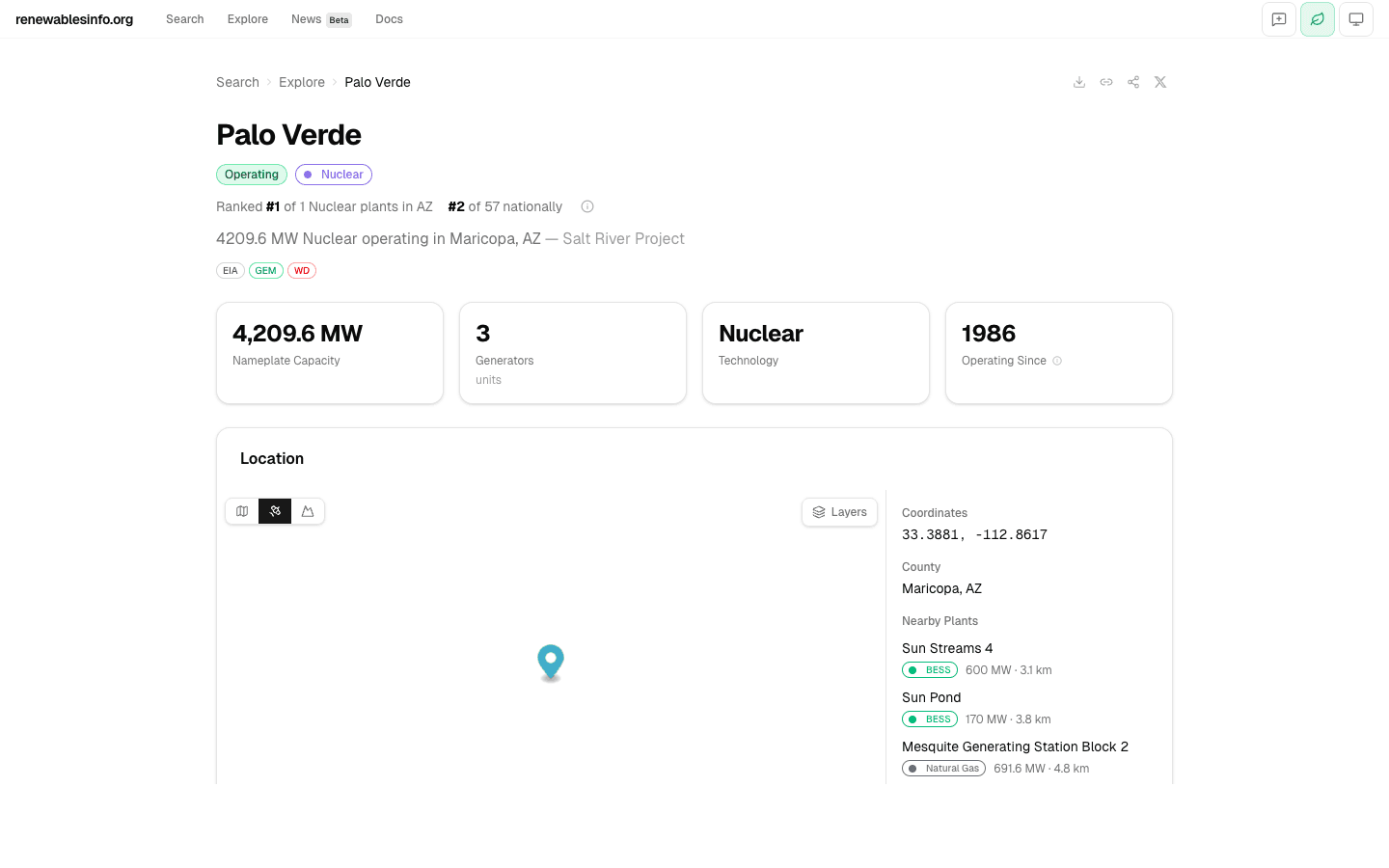 Palo Verde Nuclear plant detail page showing hero section with status badges, rankings, KPI cards (4,209 MW, 3 generators, Nuclear, 1986), and location map