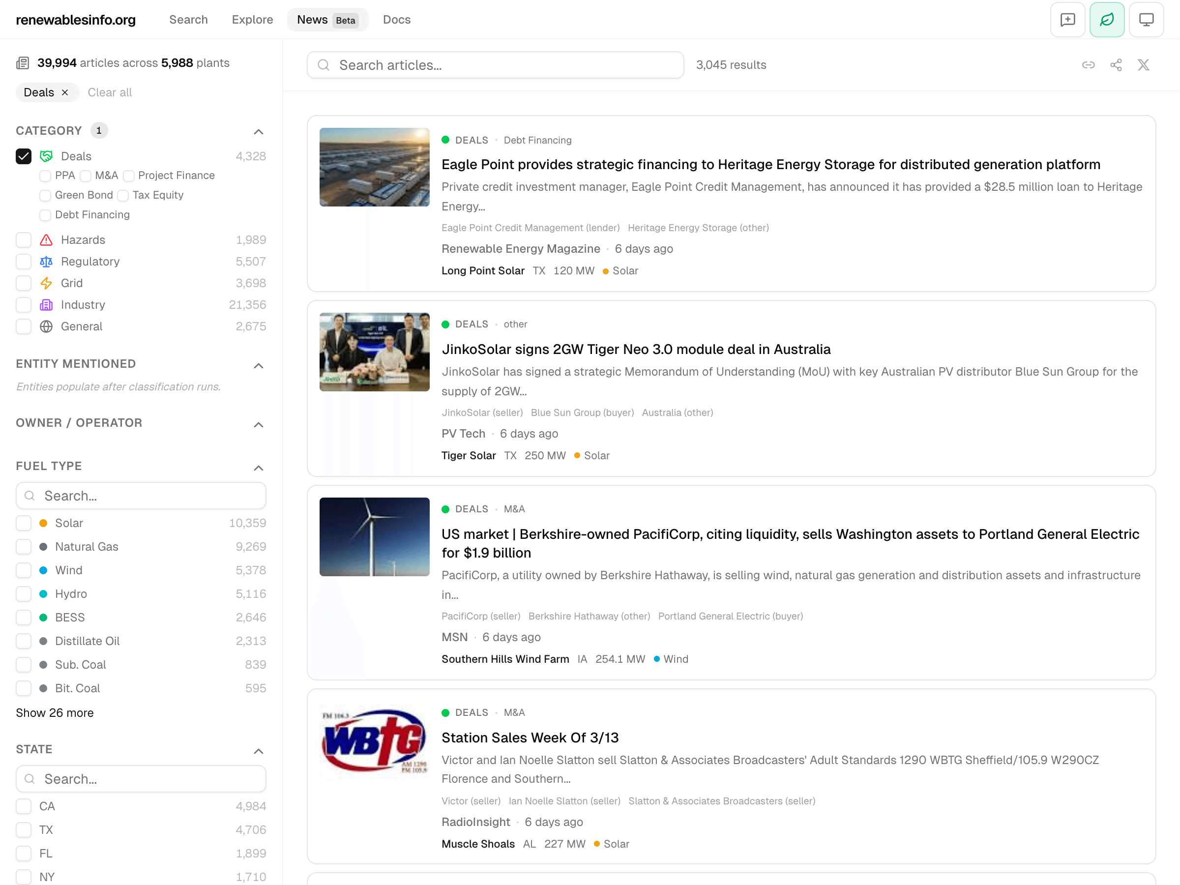 News page filtered to Deals category showing M&A, PPA, and project finance articles