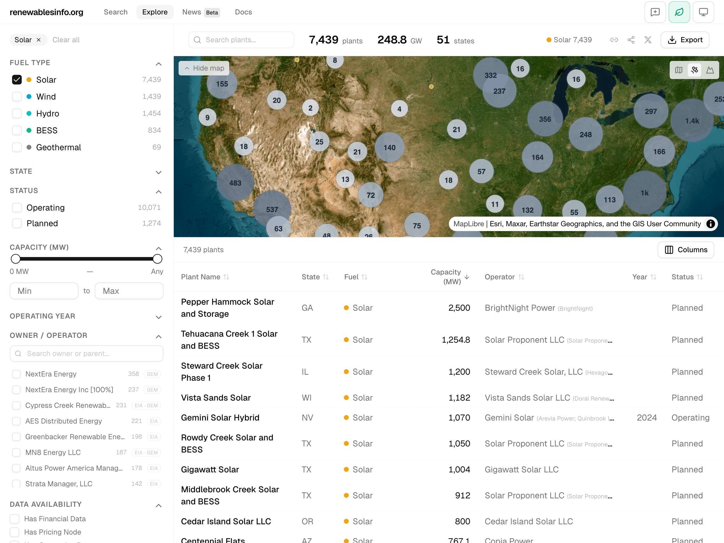 Explore page showing sidebar filters, map with clustered markers, KPI bar, and plant table